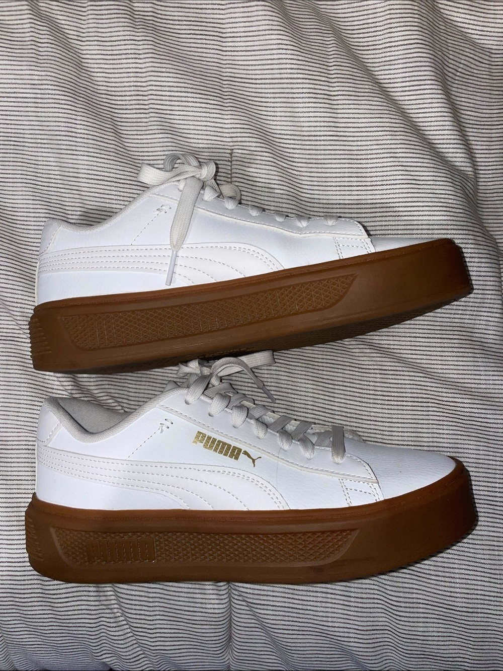 Puma White Leather Sneakers with Gum Platform Sole